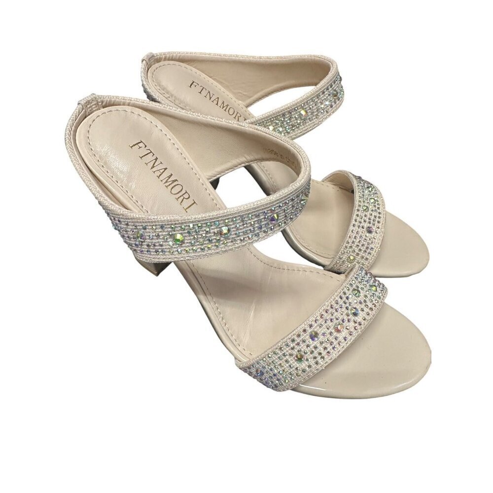 FTNAMORI Sparkly Rhinestone High Heels Mules Two Strap Sandals Slip On 6.5